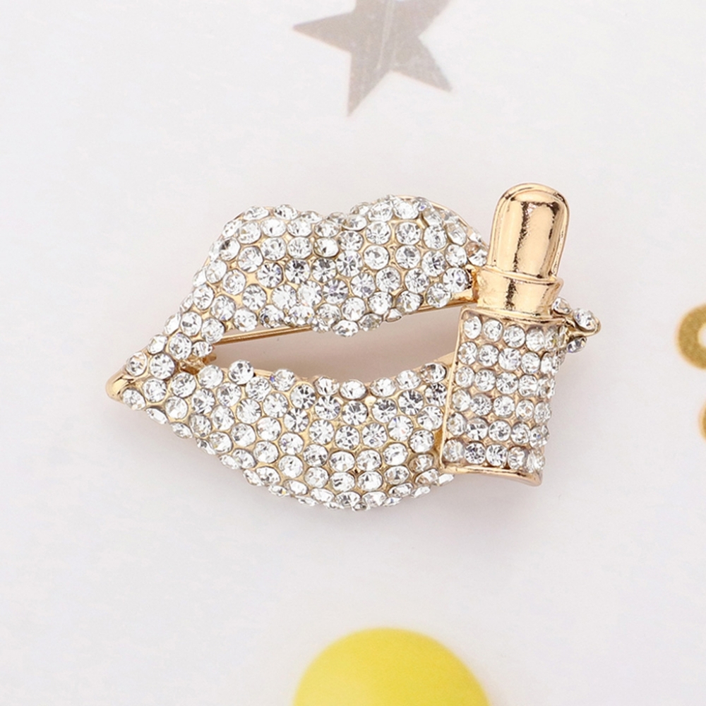Gold Clear Rhinestone Crystal Lipstick Brooch Pin Cute Statement Accessory